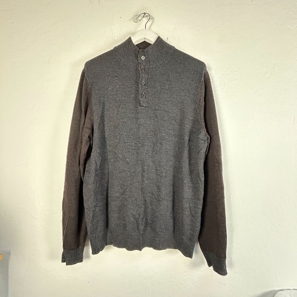 Robert Talbott Men Two-Tone Gray Brown Merino Wool Pullover Henley Sweater Large